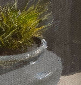 A detailed view of the ceramic pot painted with subtle gray tones and expressive oil texture, balancing softness, shadow, and quiet still life composition.