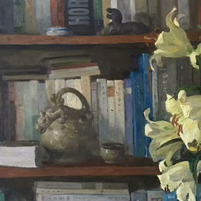 Detail of ceramic vessel and surrounding objects, emphasizing material texture, light reflection, and composition depth.