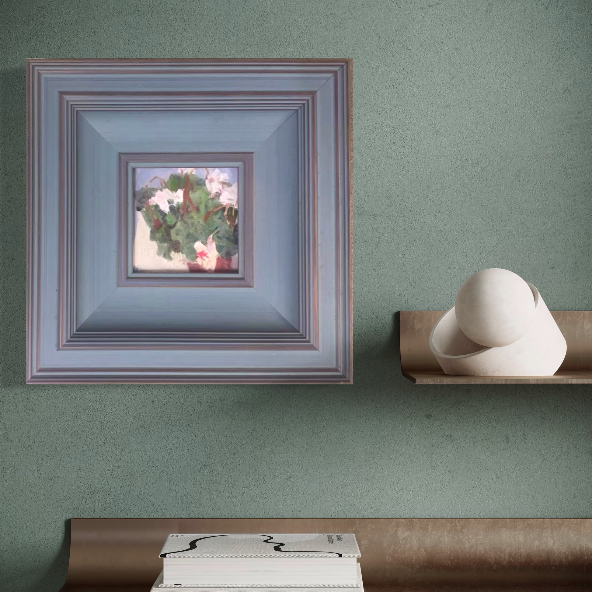 Original floral oil painting framed in muted blue wood, displayed against a soft green wall in an elegant and modern interior setting.