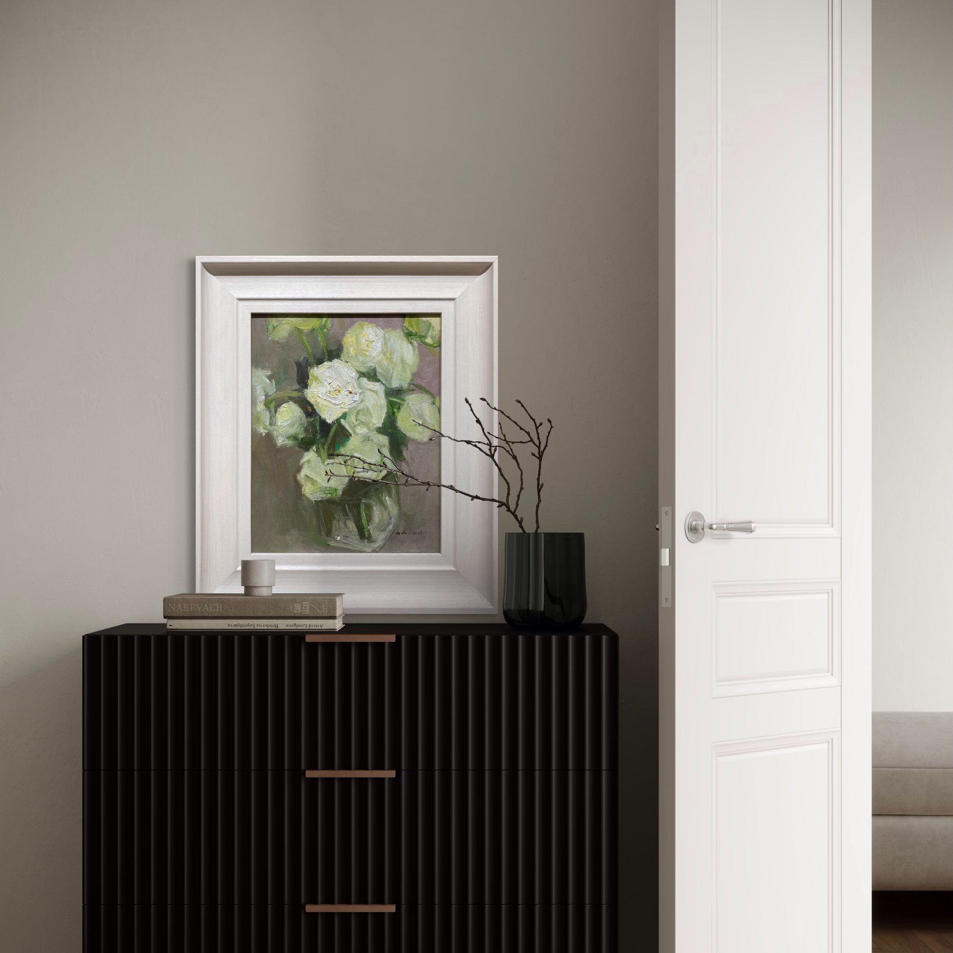 Still life oil painting of white flowers styled in a bright interior with soft natural light. The artwork blends classical oil painting texture with a restrained contemporary mood.