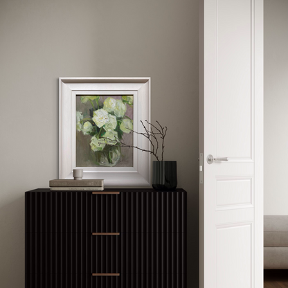 Still life oil painting of white flowers styled in a bright interior with soft natural light. The artwork blends classical oil painting texture with a restrained contemporary mood.