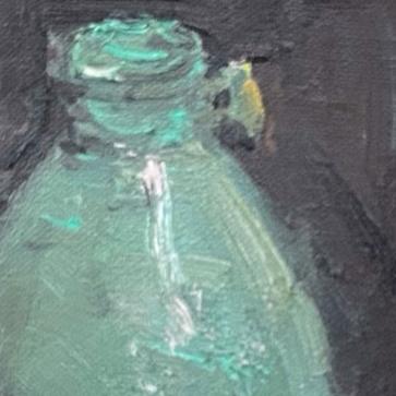 Detail view of an original oil painting featuring a translucent green glass vase. Visible brushwork and subtle tonal transitions emphasize texture, light, and painterly depth.