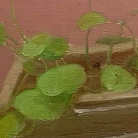 Close-up view of the plant leaves showing layered brushwork, texture, and subtle color transitions in the original oil painting.
