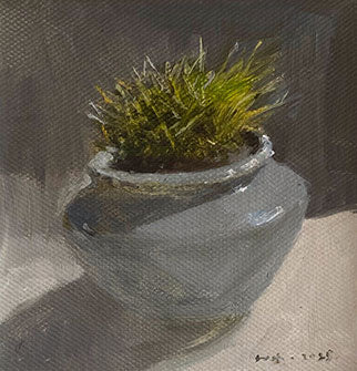 Close-up detail showing textured oil brushwork and layered green tones in a succulent plant painting. The visible paint surface and soft tonal transitions highlight the handmade quality of the artwork.