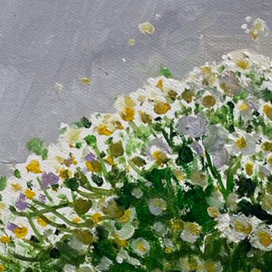Close-up detail showing layered oil paint texture and expressive brushwork within the white daisy composition, emphasizing depth, color variation, and handmade painterly surface.