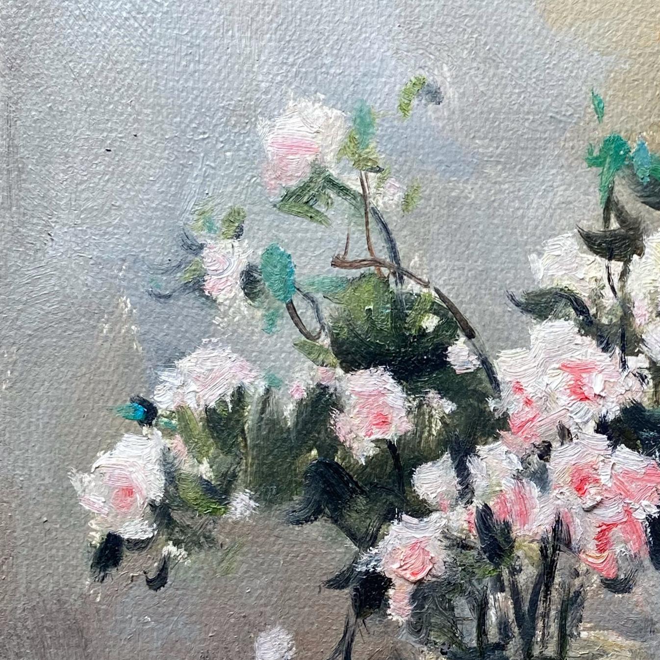 Close-up of flowers and foliage highlighting texture, painterly brushstrokes, and the natural movement of the composition.