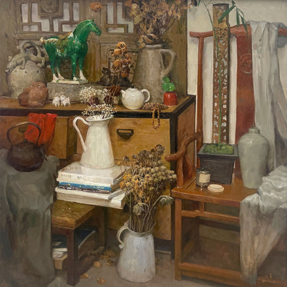Close-up of decorative objects, books, ceramics, and furniture arranged within a collector-inspired interior composition, revealing depth and narrative atmosphere.