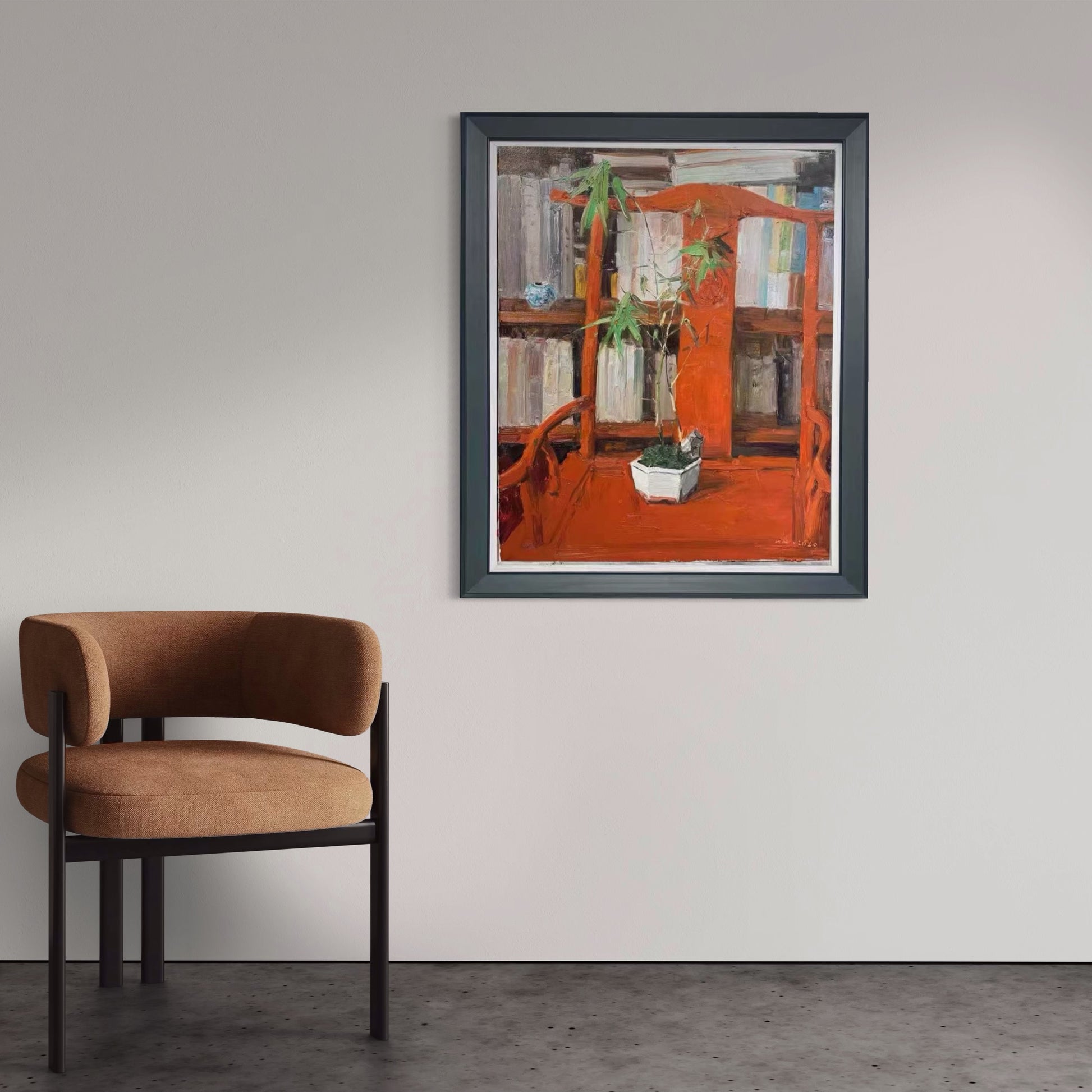 Original oil painting displayed in a modern living space, demonstrating how warm colors and interior subjects can enrich contemporary home decor.