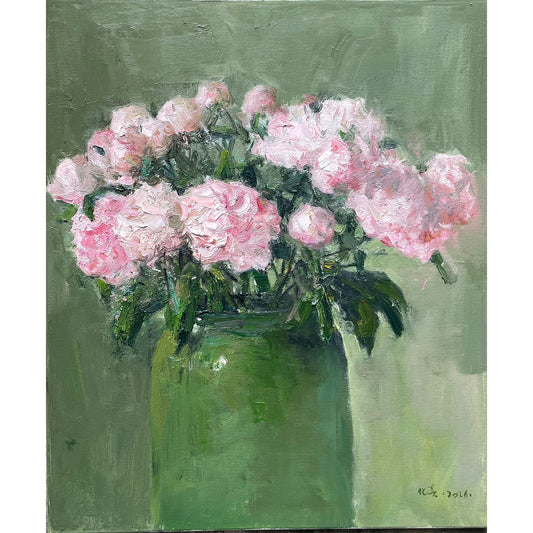 Close-up view of the full peony bouquet, showcasing layered petals and soft blending in an original oil painting.