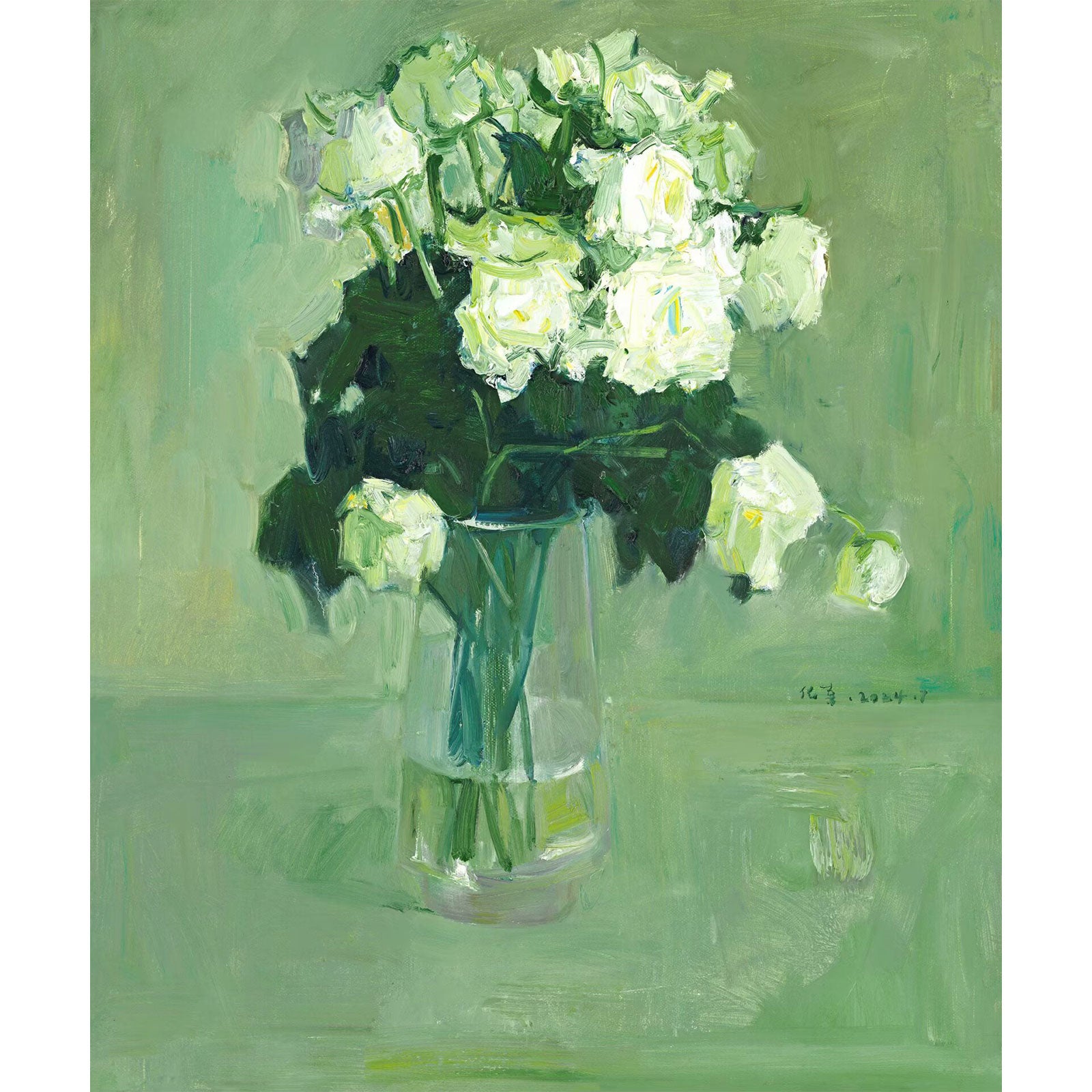 Close-up of the full white rose bouquet, showing layered petals and textured brushwork, highlighting the elegance of the composition.