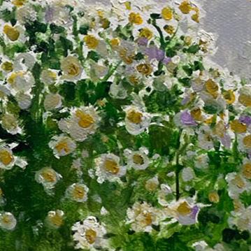Detailed view of the floral brushwork highlighting white petals, green foliage, and thick oil paint application that creates movement and luminous texture across the painting surface.