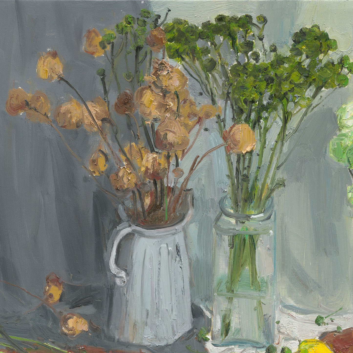 Detailed view of dried flowers arranged in a ceramic vessel, emphasizing texture, warm earthy tones, and natural movement.
