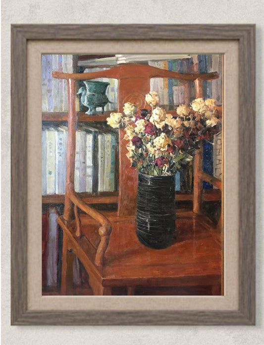 Original oil painting featuring dried roses arranged in a black vase beside a bookshelf and wooden chair. Painted by Hua Xi Yang with warm brown tones, layered brushwork, and a quiet interior atmosphere.