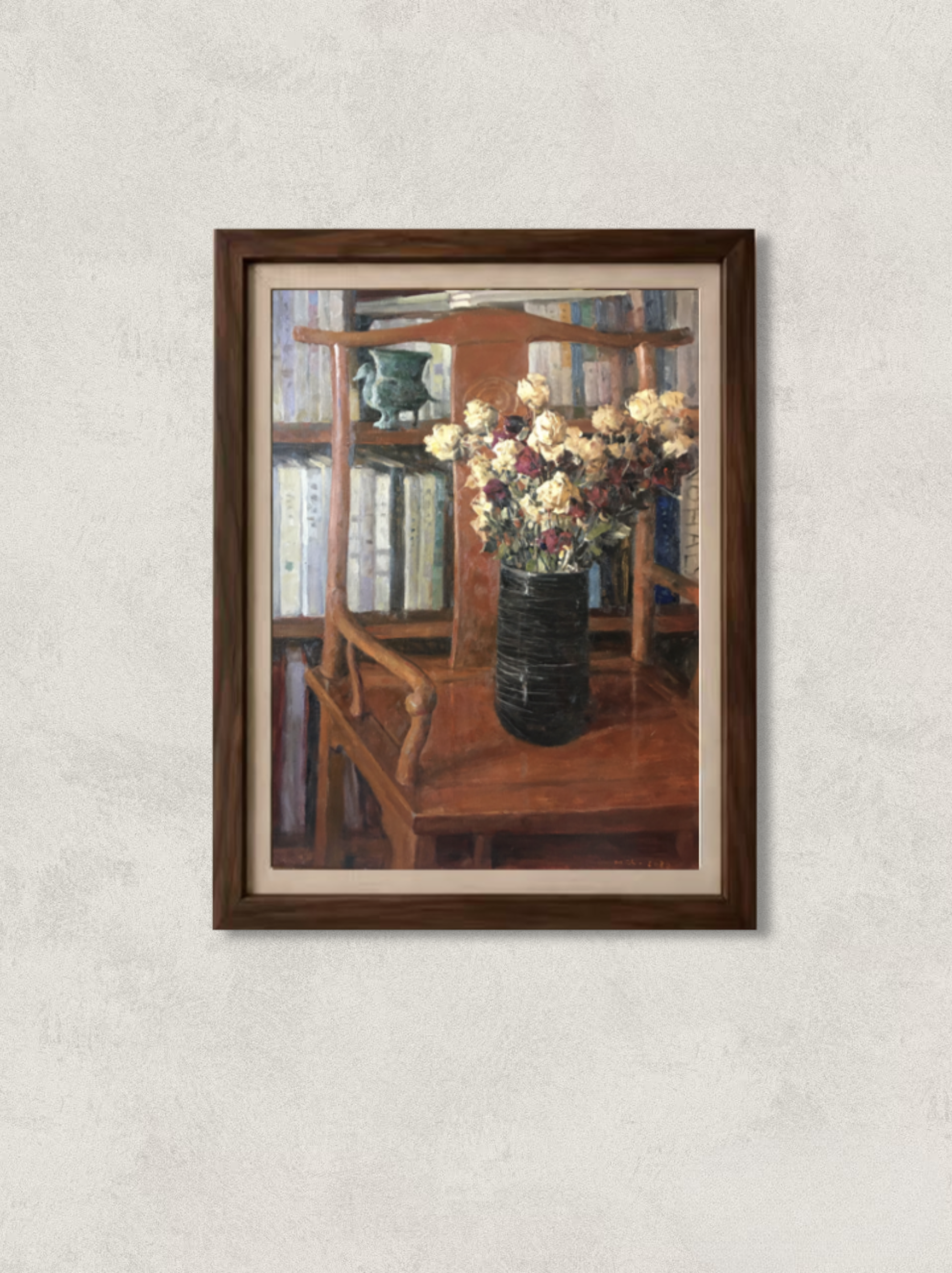Original oil painting featuring dried roses arranged in a black vase beside a bookshelf and wooden chair. Painted by Hua Xi Yang with warm brown tones, layered brushwork, and a quiet interior atmosphere.