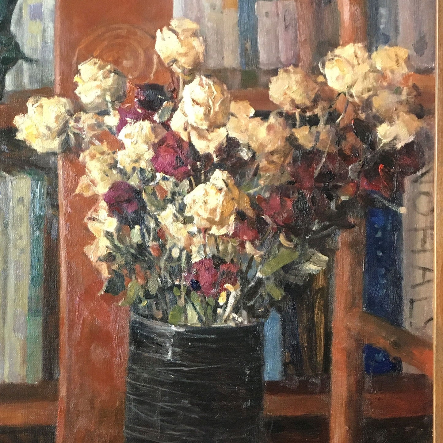 Close-up detail of dried roses arranged in a black vase, showing warm flower tones, dark vase texture, and expressive brushwork.