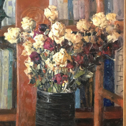 Close-up detail of dried roses arranged in a black vase, showing warm flower tones, dark vase texture, and expressive brushwork.