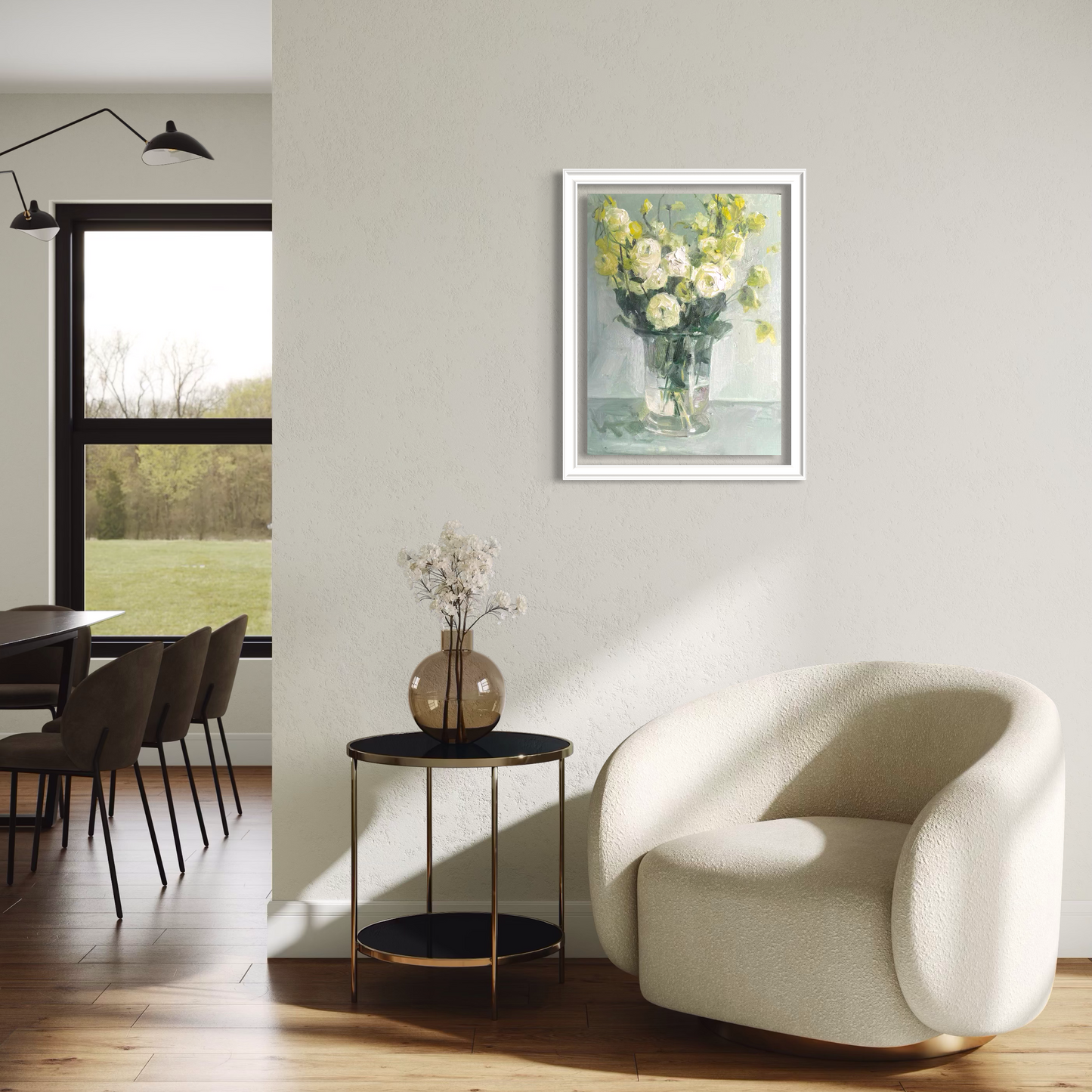 Framed floral oil painting displayed in a warm contemporary living room with soft neutral furnishings and natural light.