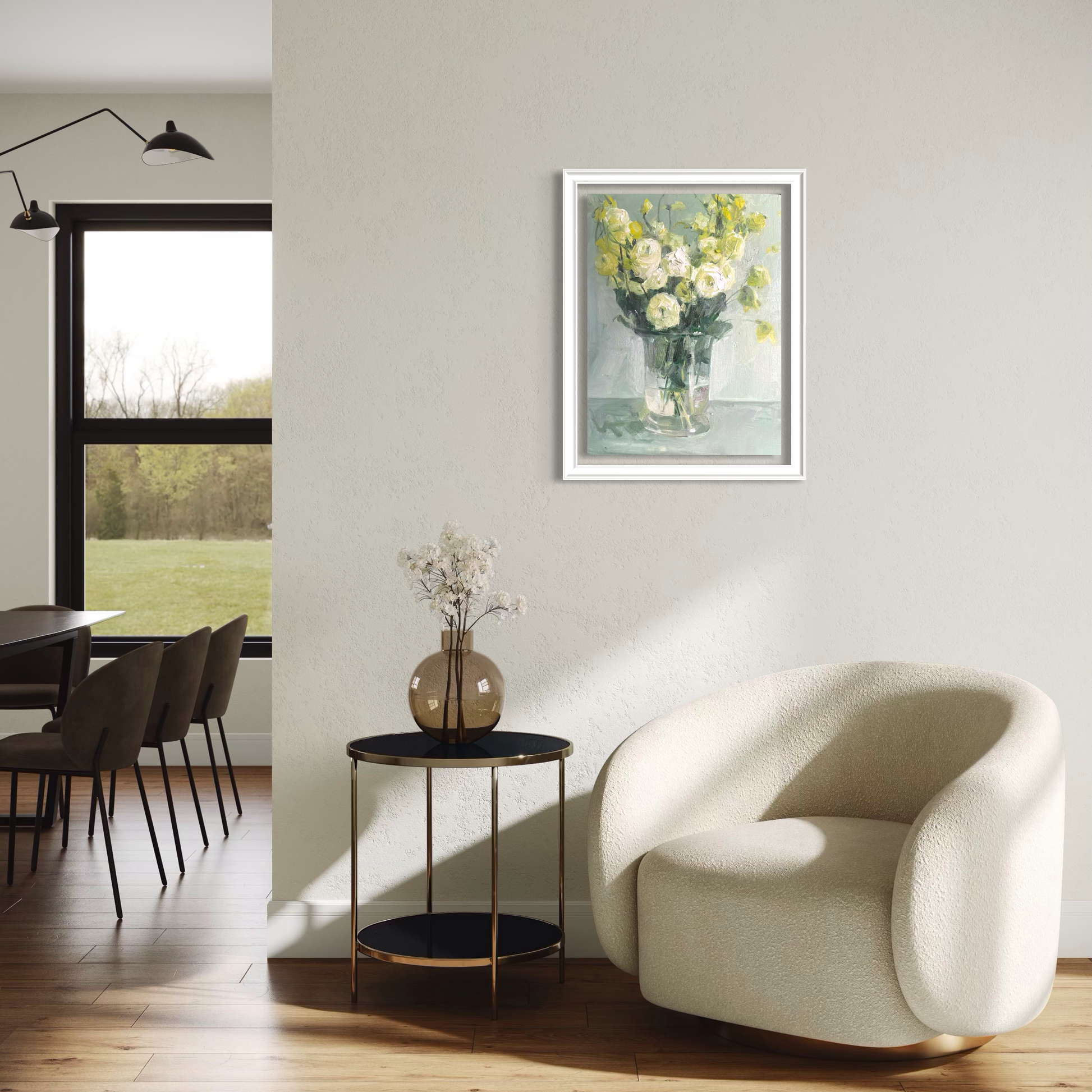 Framed floral oil painting displayed in a warm contemporary living room with soft neutral furnishings and natural light.