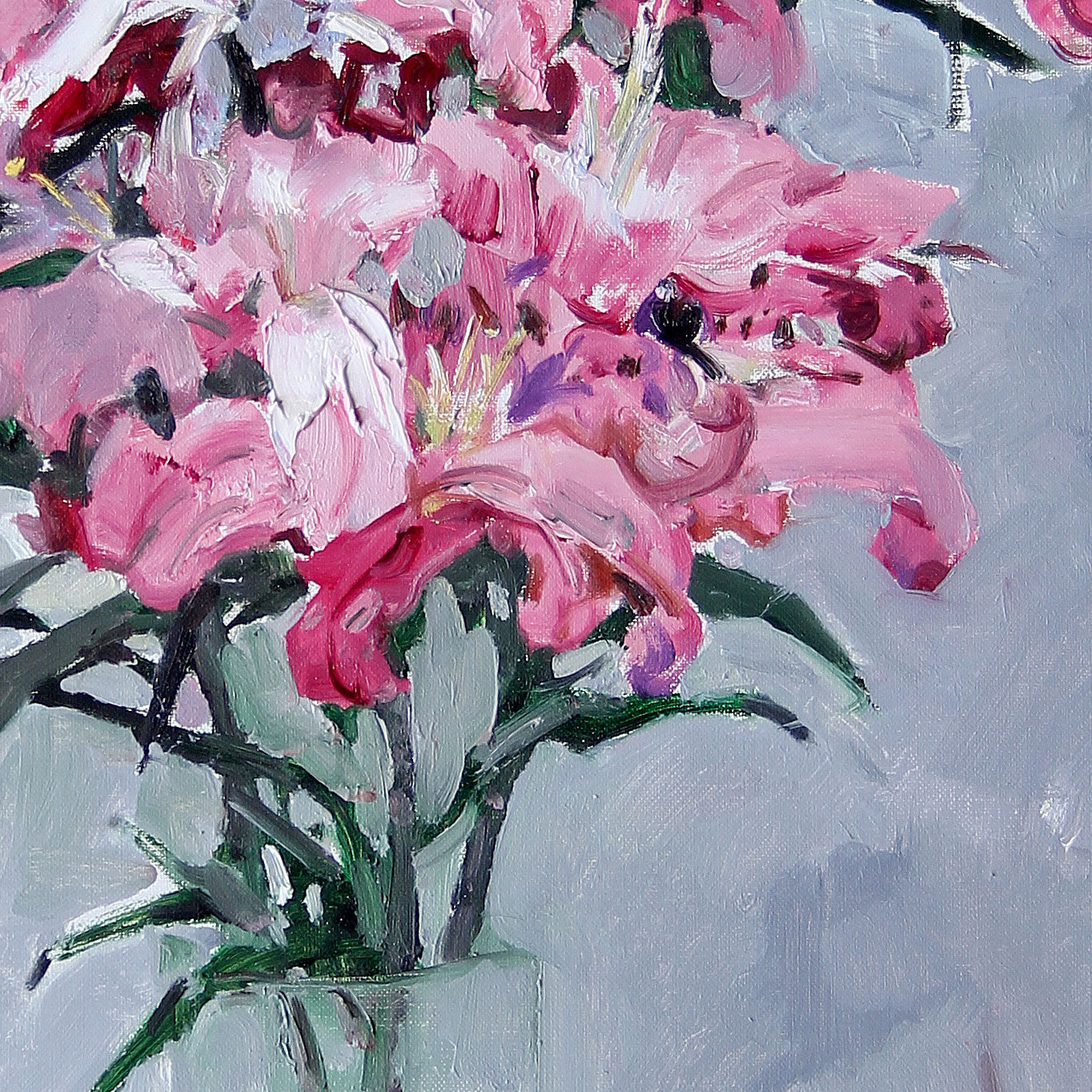 Detailed section of the painting revealing rich floral textures, visible brushstrokes, and vibrant pink tones against a muted background.