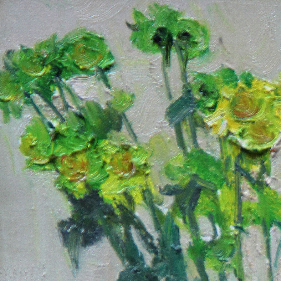 Close-up detail of an original oil painting featuring green flowers with textured brushwork and subtle tonal variation. The painting balances movement, softness, and painterly texture.