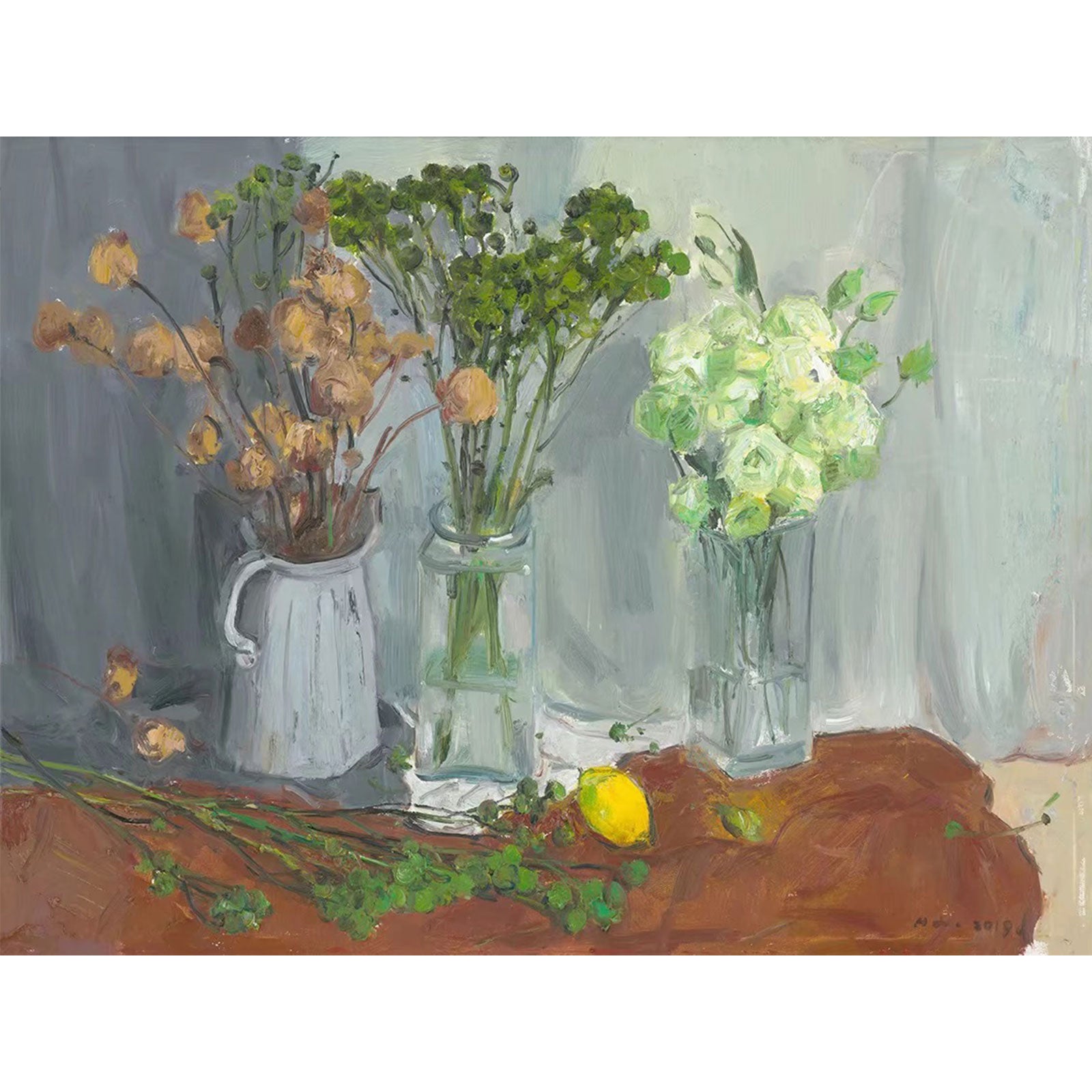 Close-up of multiple floral arrangements displayed in ceramic and glass vessels, showing contrast between fresh blooms, dried flowers, and tabletop objects.