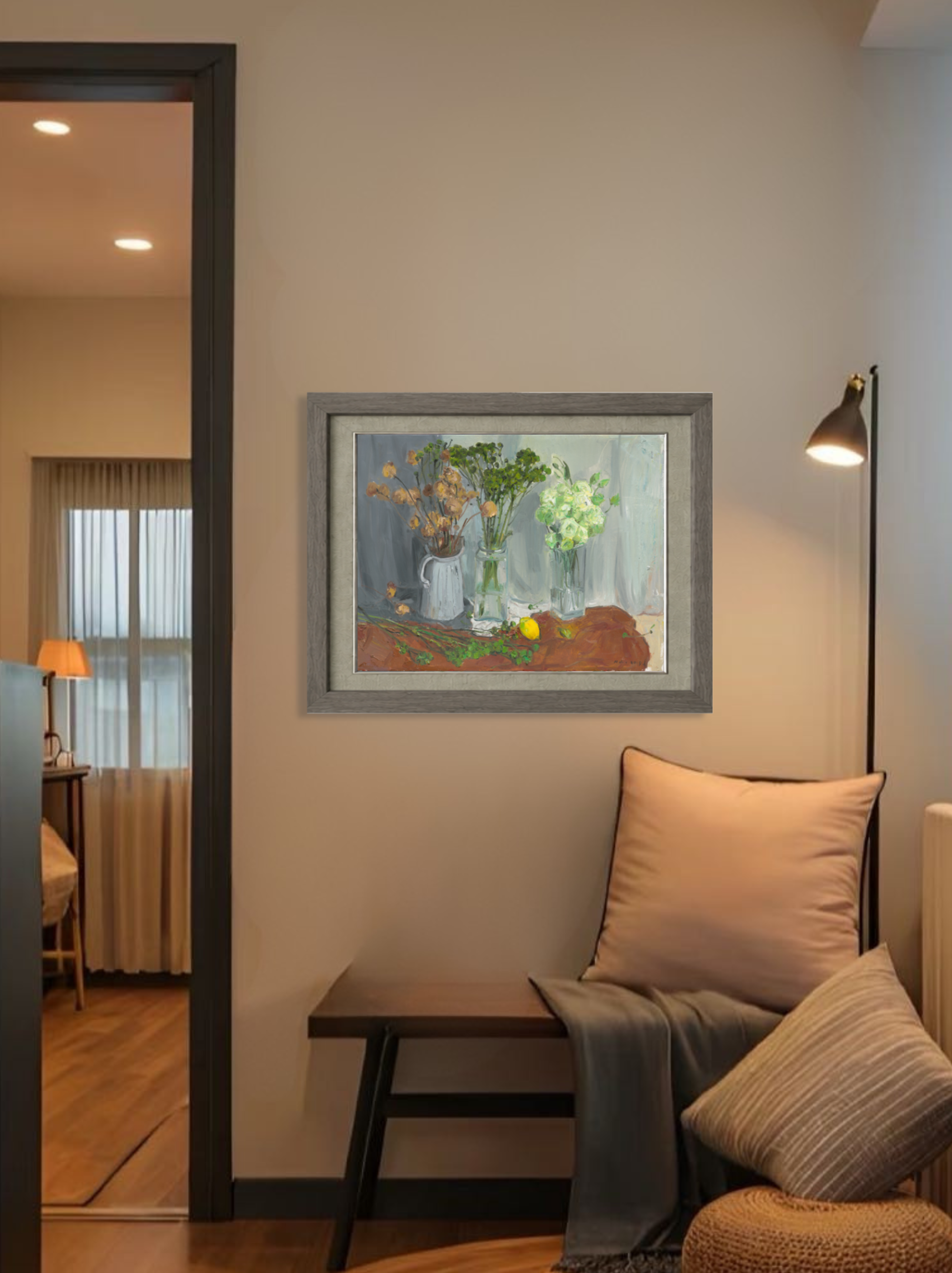 Framed original oil painting featuring multiple flower arrangements displayed in a contemporary living room, creating a sophisticated decorative focal point.