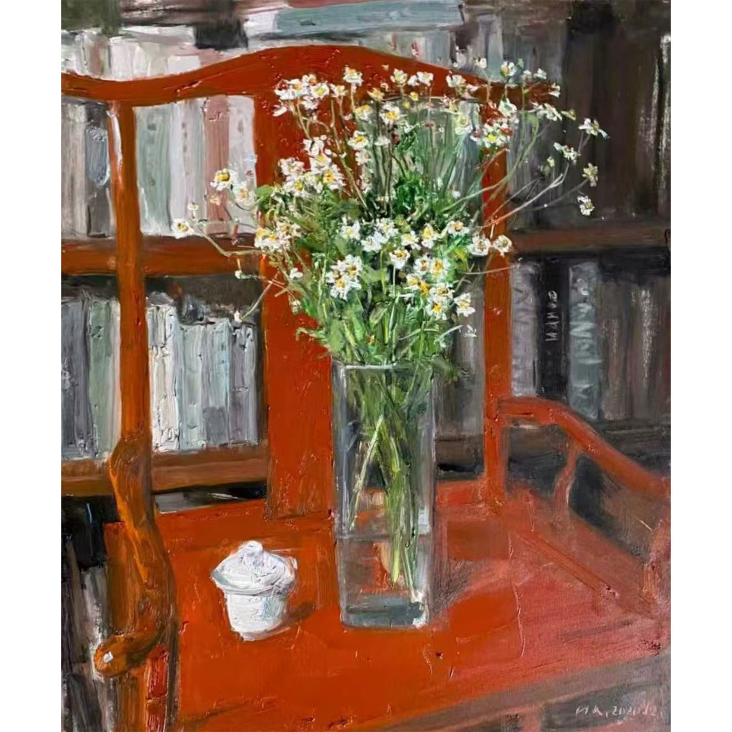 Detail of white flowers, bookshelf, and interior objects, showing the painting’s layered space, warm atmosphere, and quiet narrative quality.