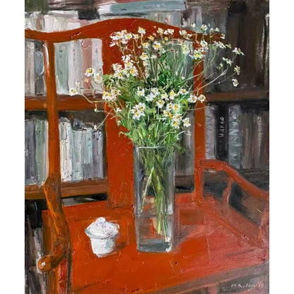 Detail of white flowers, bookshelf, and interior objects, showing the painting’s layered space, warm atmosphere, and quiet narrative quality.
