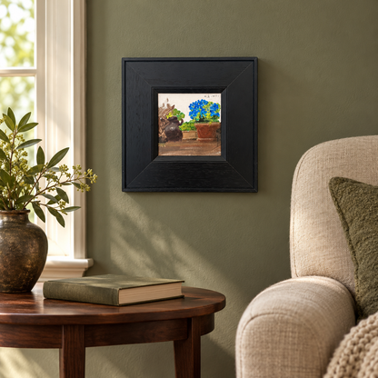 Blue Flowers in a Dark Ceramic Vase – Original Still Life Oil Painting