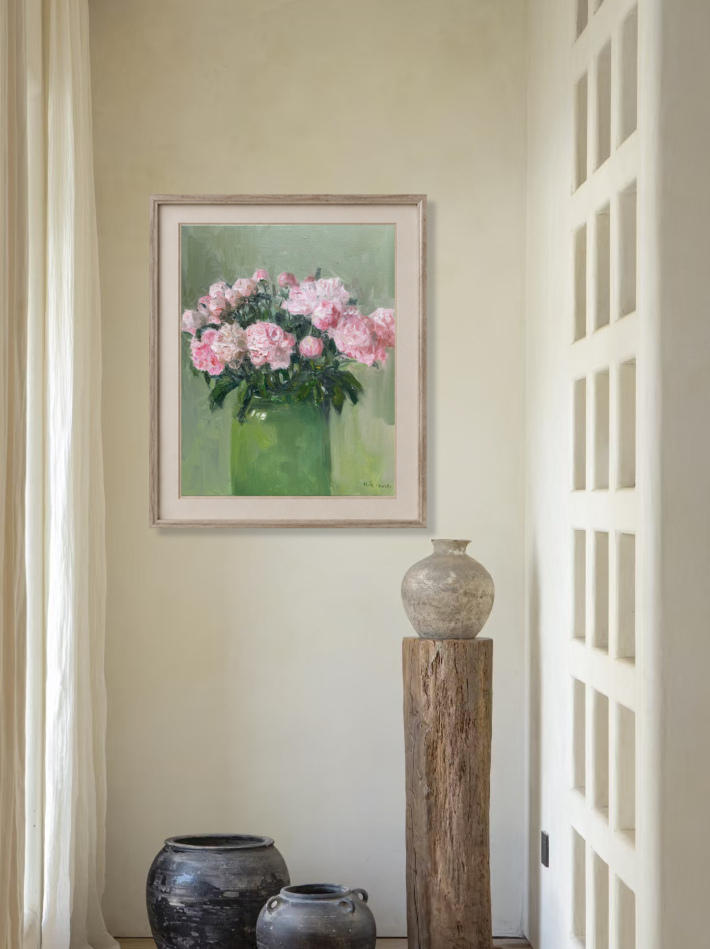 Original pink peony oil painting displayed above a console in a calm, minimalist interior, showing how it enhances the space with elegance and artistic presence.