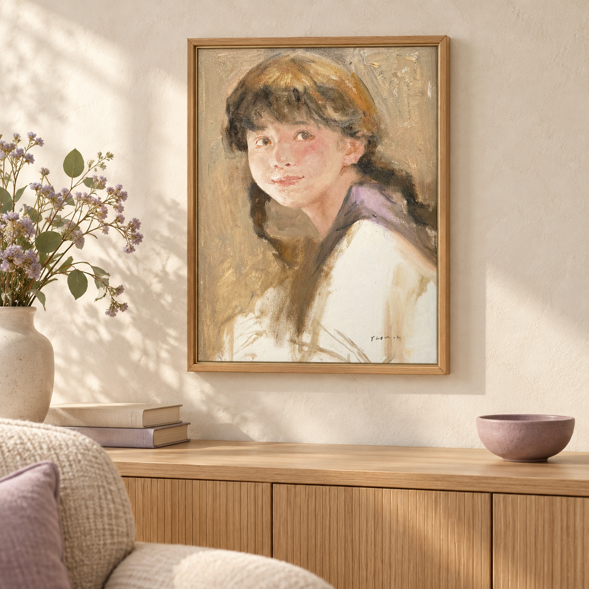 A Quiet Look – Original Portrait Oil Painting of a Young Girl by Yang Huaxi