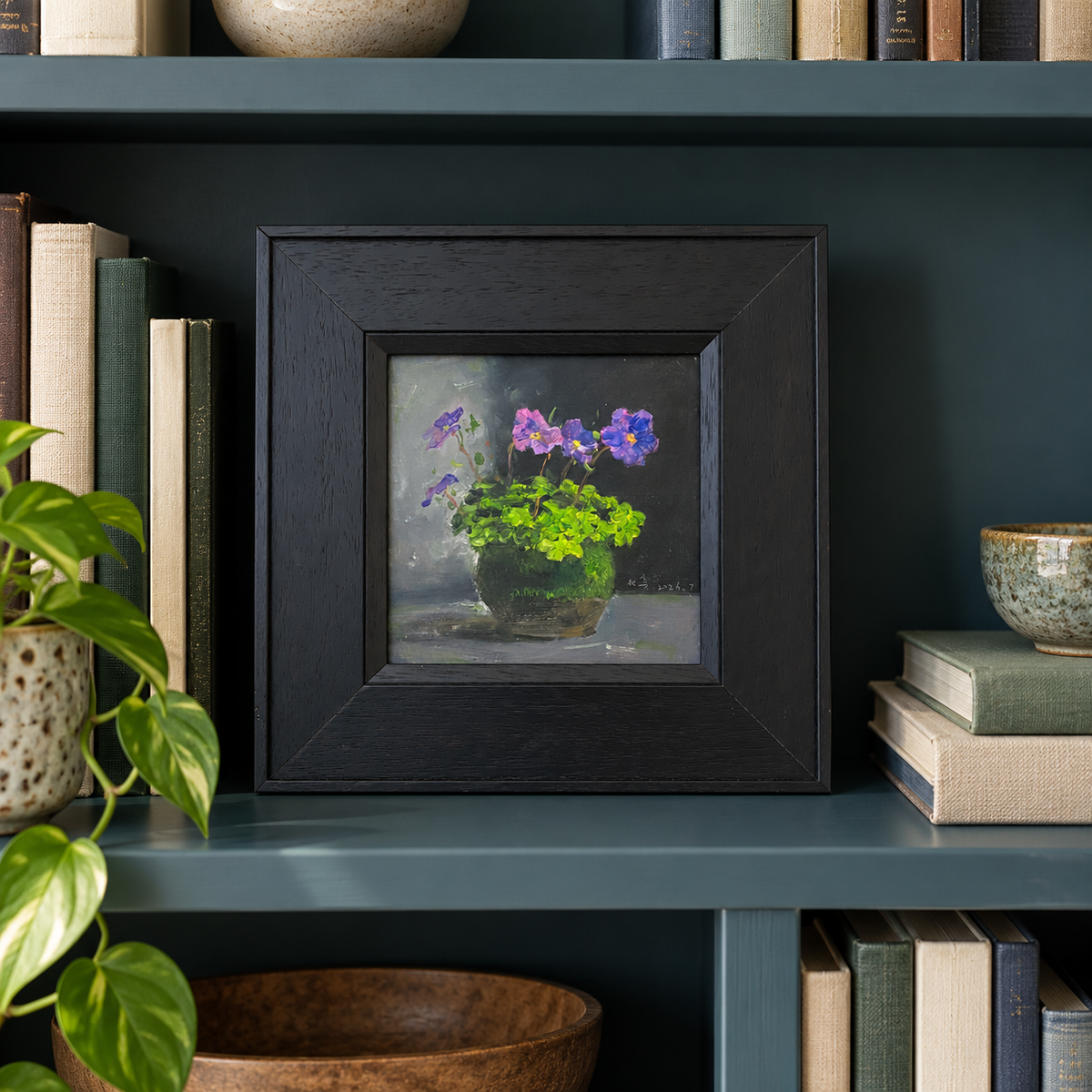 Purple Flowers in a Green Pot – Original Flower Oil Painting for Interior Decor