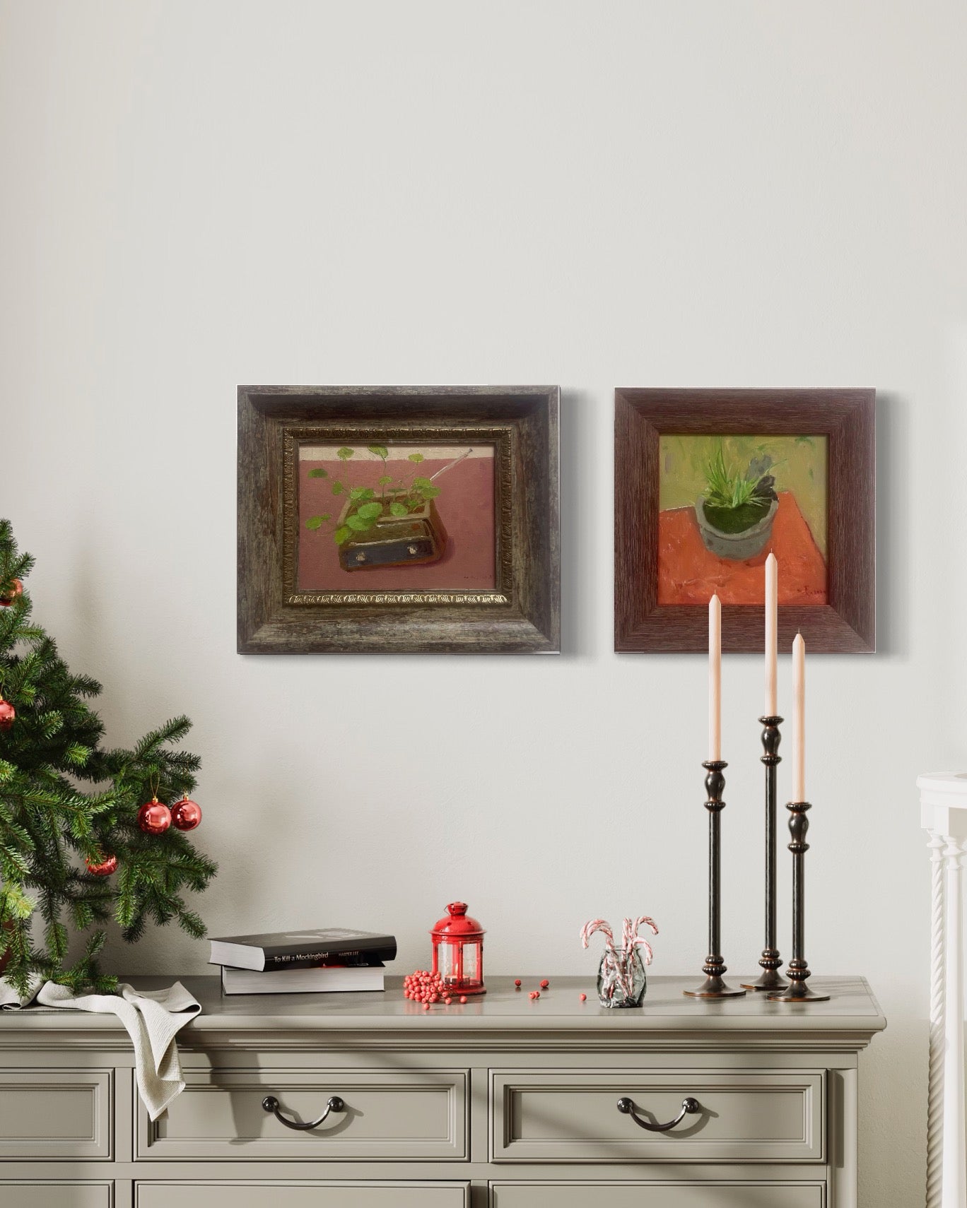 Original botanical oil painting displayed in a contemporary living space, illustrating its scale, framing, and decorative impact in an interior setting.