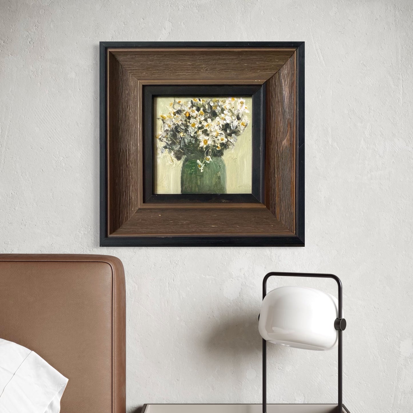 Original floral oil painting framed in dark walnut wood and styled in a calm contemporary interior with minimalist furniture.