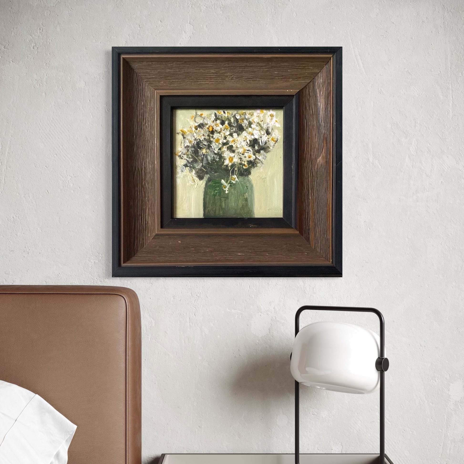 Original floral oil painting framed in dark walnut wood and styled in a calm contemporary interior with minimalist furniture.