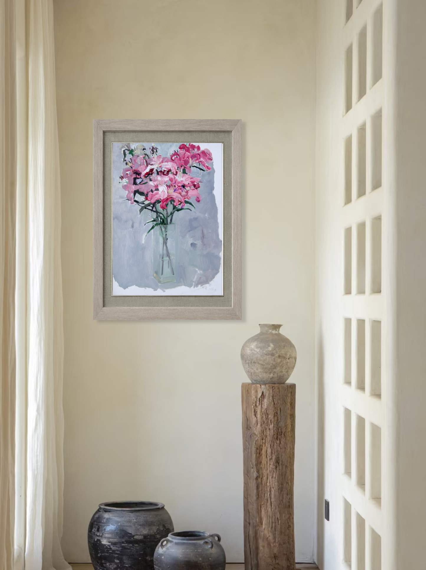 Original floral oil painting displayed in a calm contemporary interior, bringing soft color and artistic presence to the space.