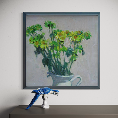 Original wildflower oil painting displayed in a minimal interior setting. The soft neutral frame and fresh green palette bring lightness and natural warmth into the space.