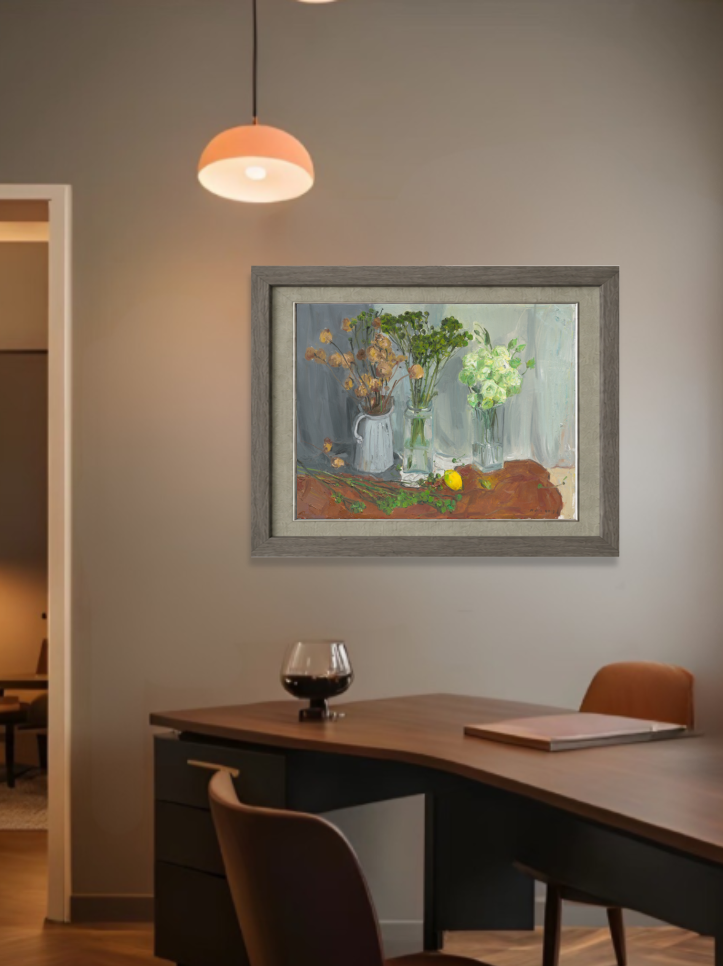 Original floral still life oil painting displayed in a dining room setting, bringing warmth, elegance, and artistic character to the space.