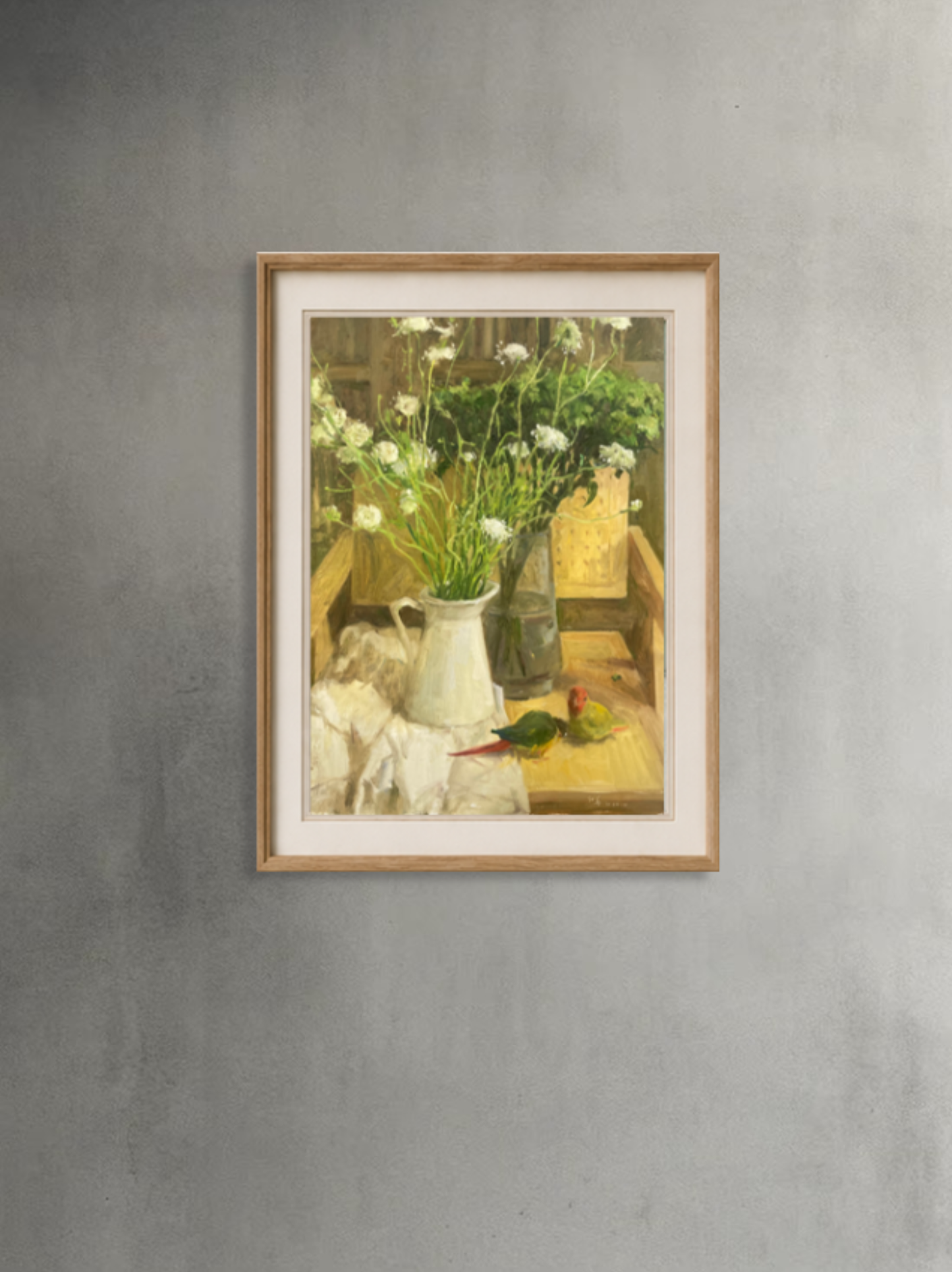 Original floral still life painting displayed on a neutral wall, demonstrating its suitability for contemporary and classic interiors.