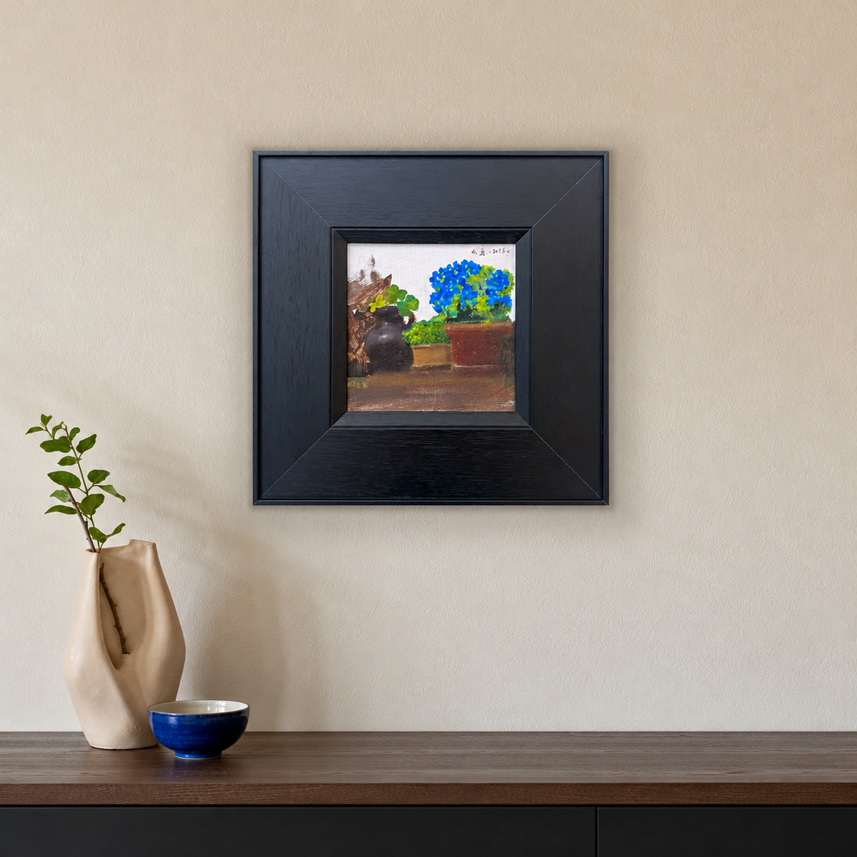 Blue Flowers in a Dark Ceramic Vase – Original Still Life Oil Painting