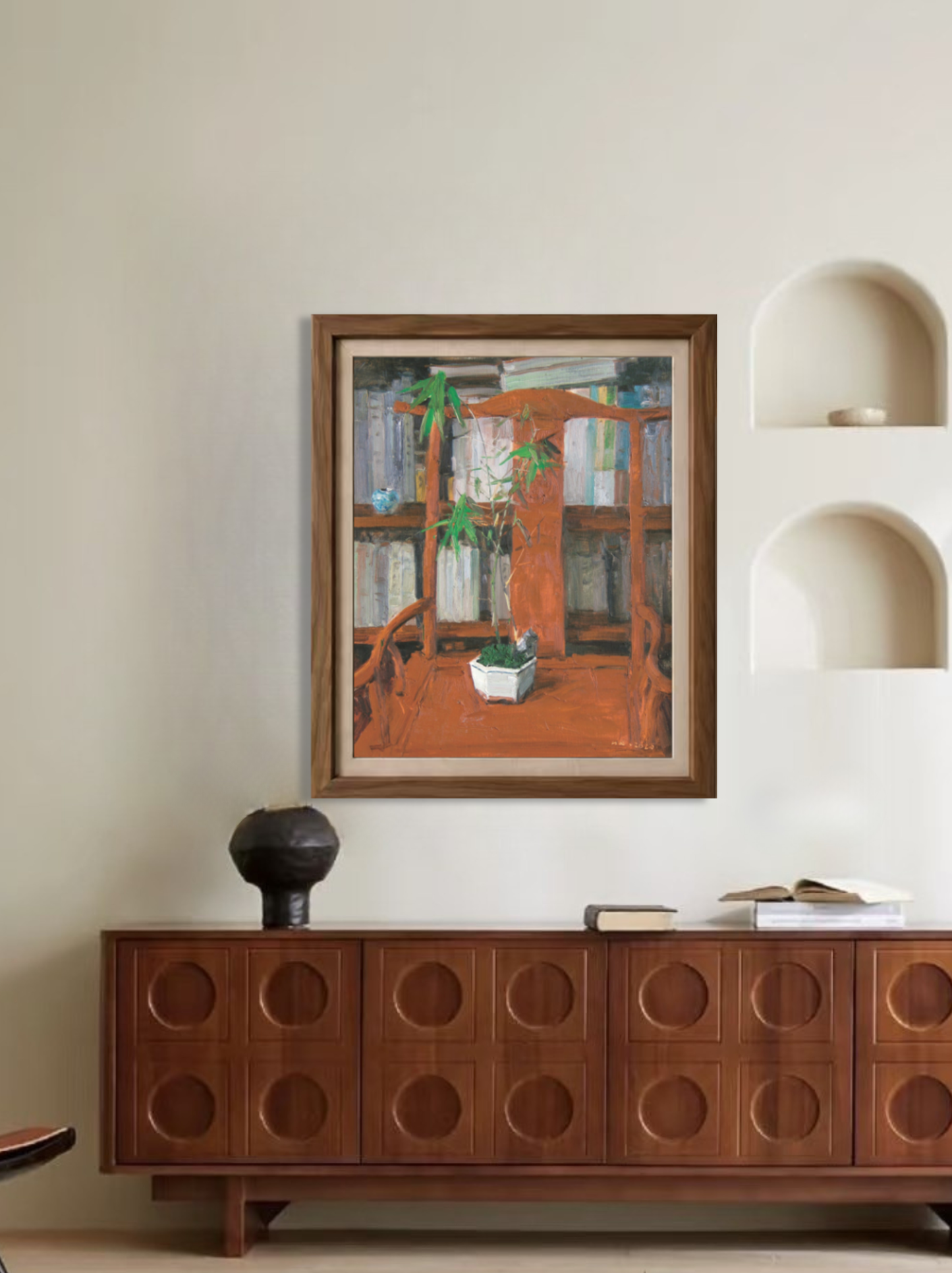 Original interior still life oil painting displayed above a wooden sideboard, bringing warmth, depth, and artistic character to a contemporary interior.