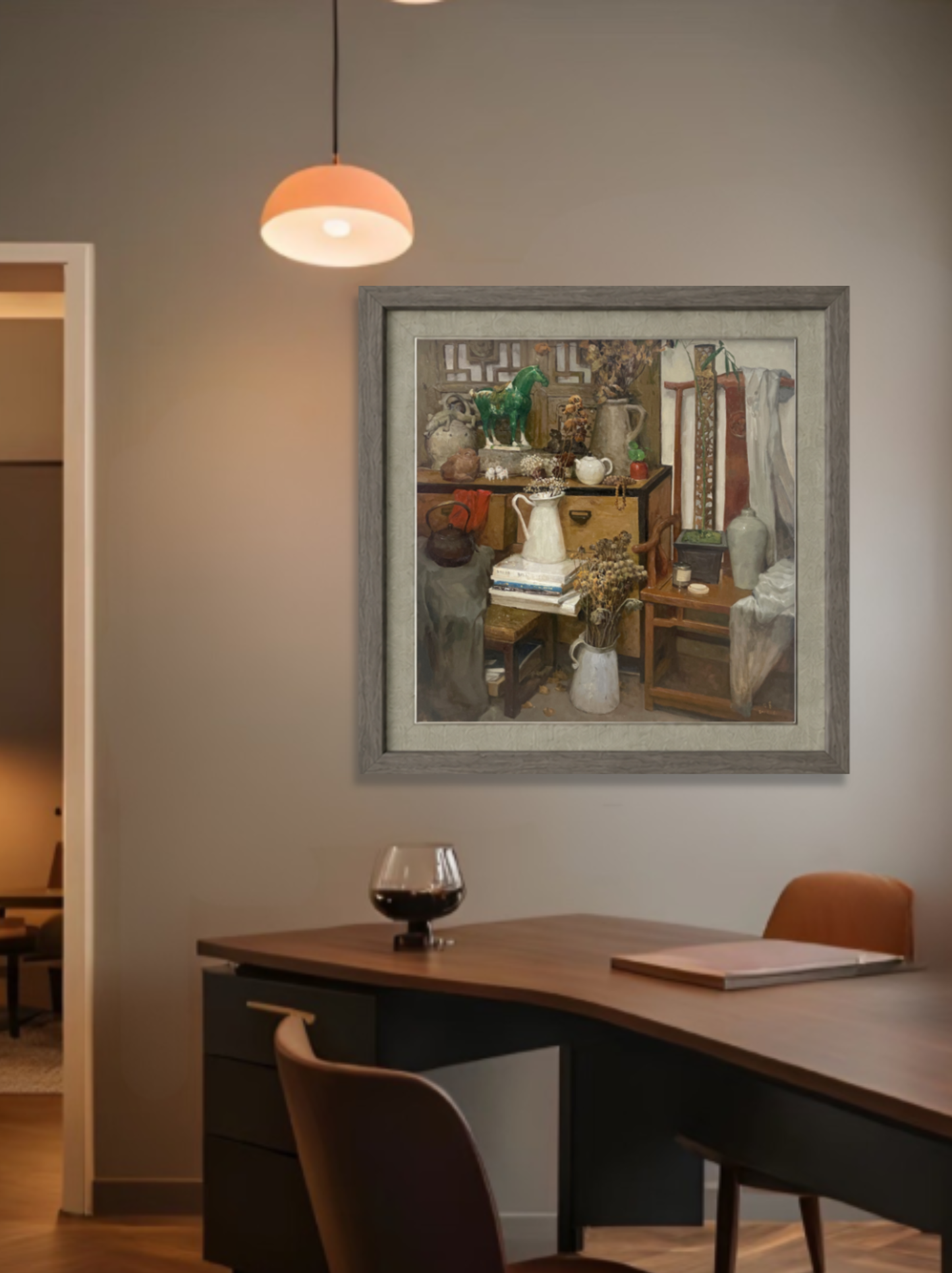 Original interior still life oil painting displayed in a dining area, bringing sophistication, warmth, and artistic presence to contemporary interiors.