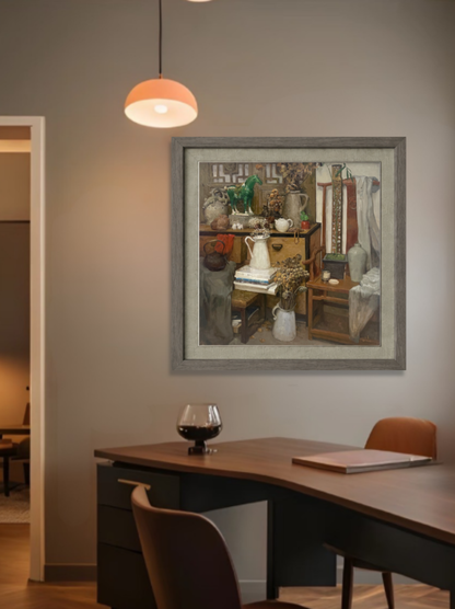 Original interior still life oil painting displayed in a dining area, bringing sophistication, warmth, and artistic presence to contemporary interiors.