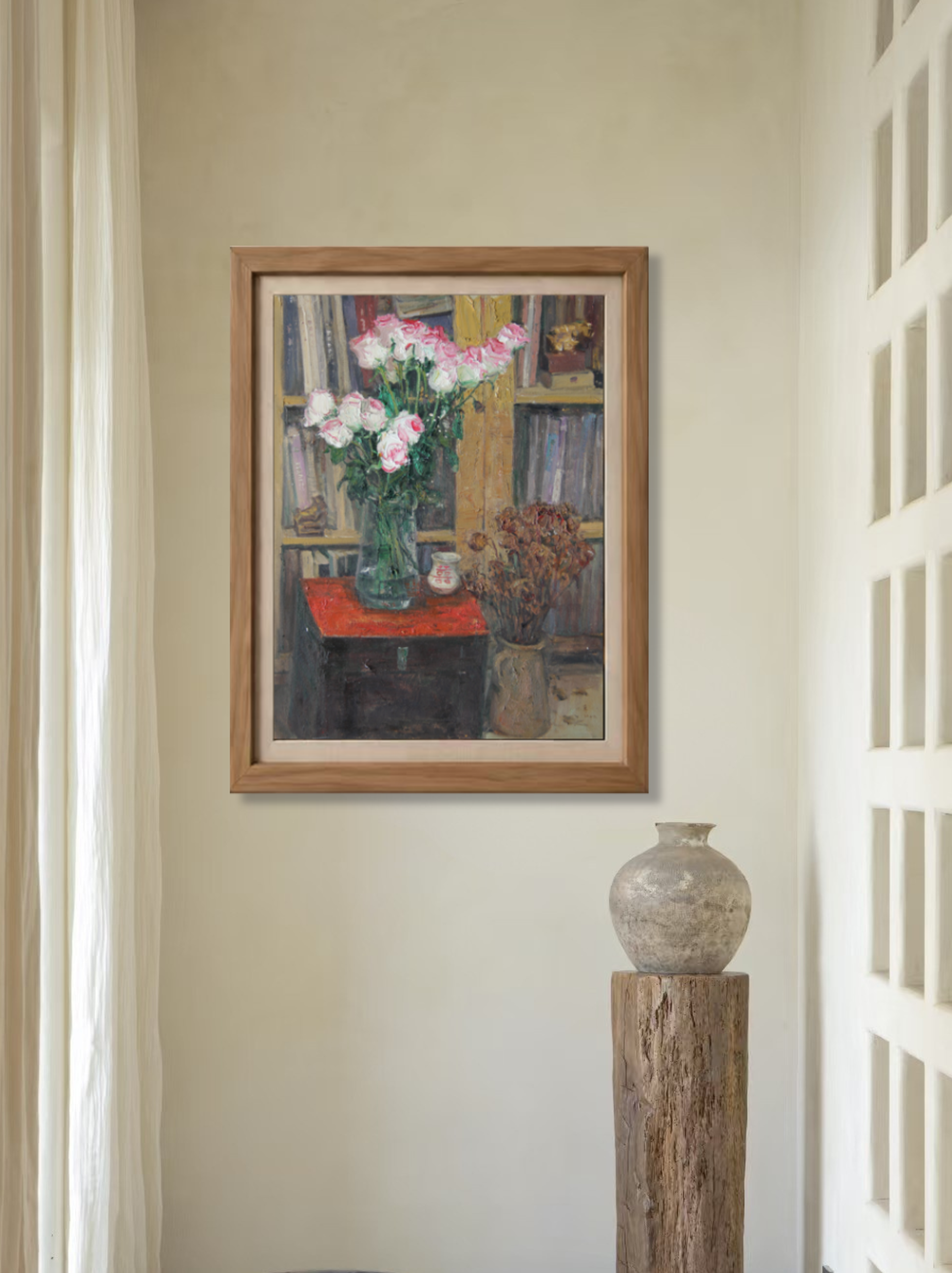 Original interior still life oil painting displayed on a neutral wall, adding warmth, color, and artistic character to a contemporary living space.