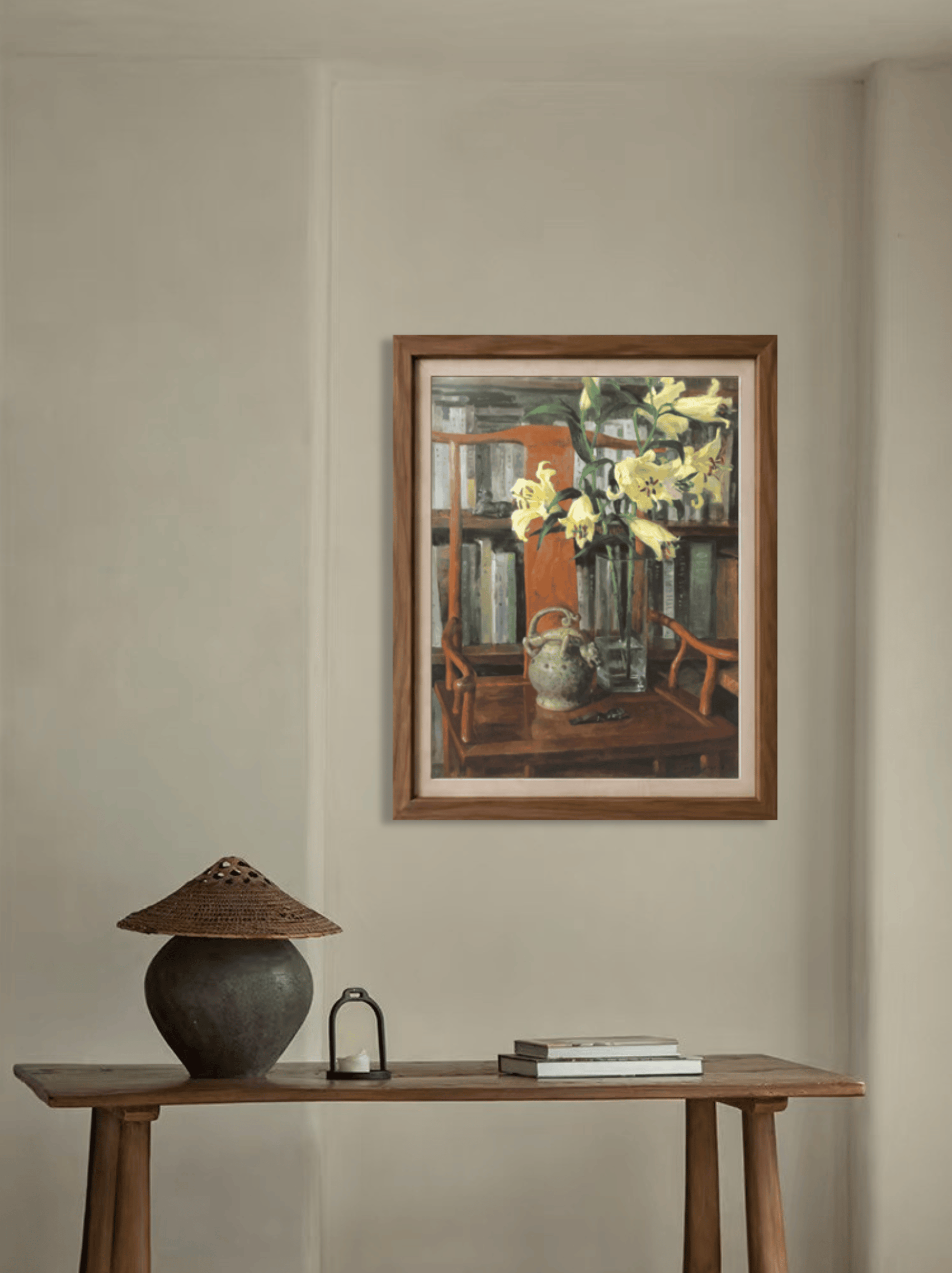 Original still life oil painting displayed on a neutral wall, bringing warmth, depth, and a quiet study-room feeling to the interior.