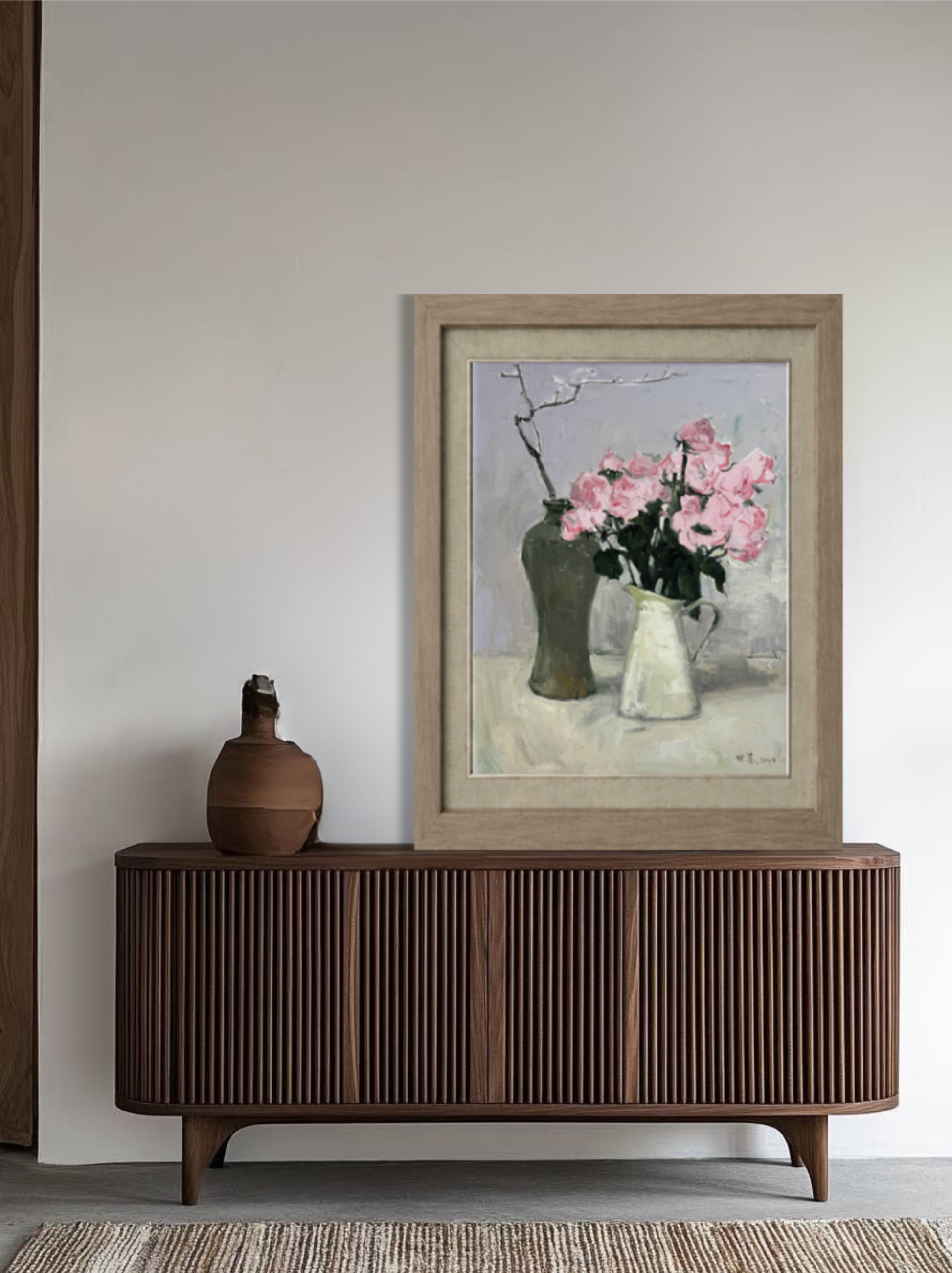 Original oil painting displayed above a wooden cabinet, adding warmth, elegance, and subtle artistic presence to a home interior.