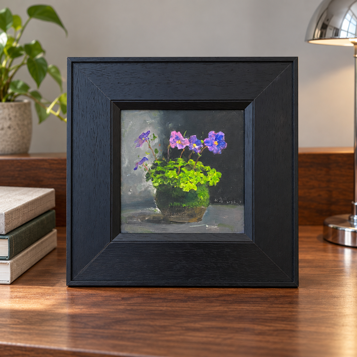 Purple Flowers in a Green Pot – Original Flower Oil Painting for Interior Decor