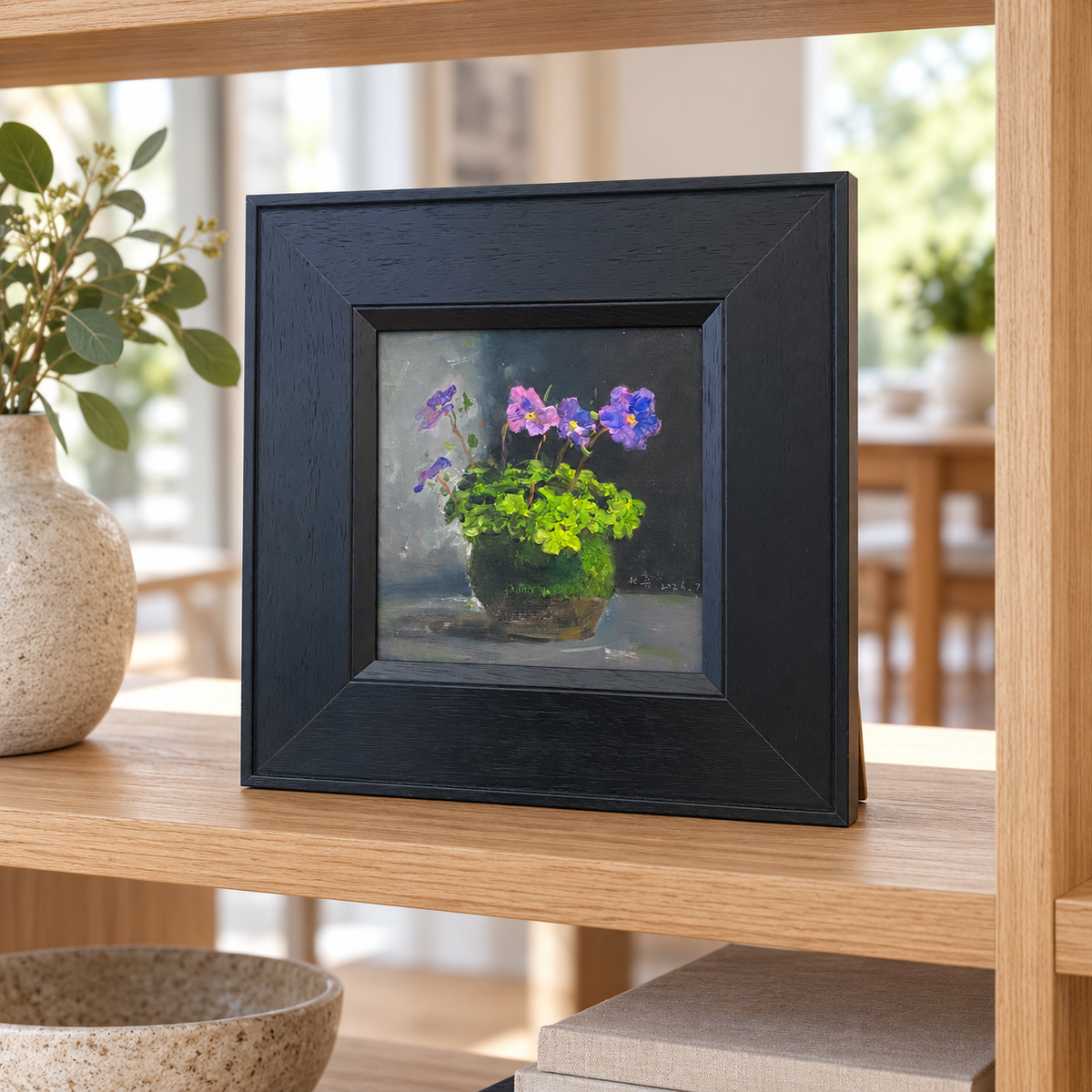 Purple Flowers in a Green Pot – Original Flower Oil Painting for Interior Decor
