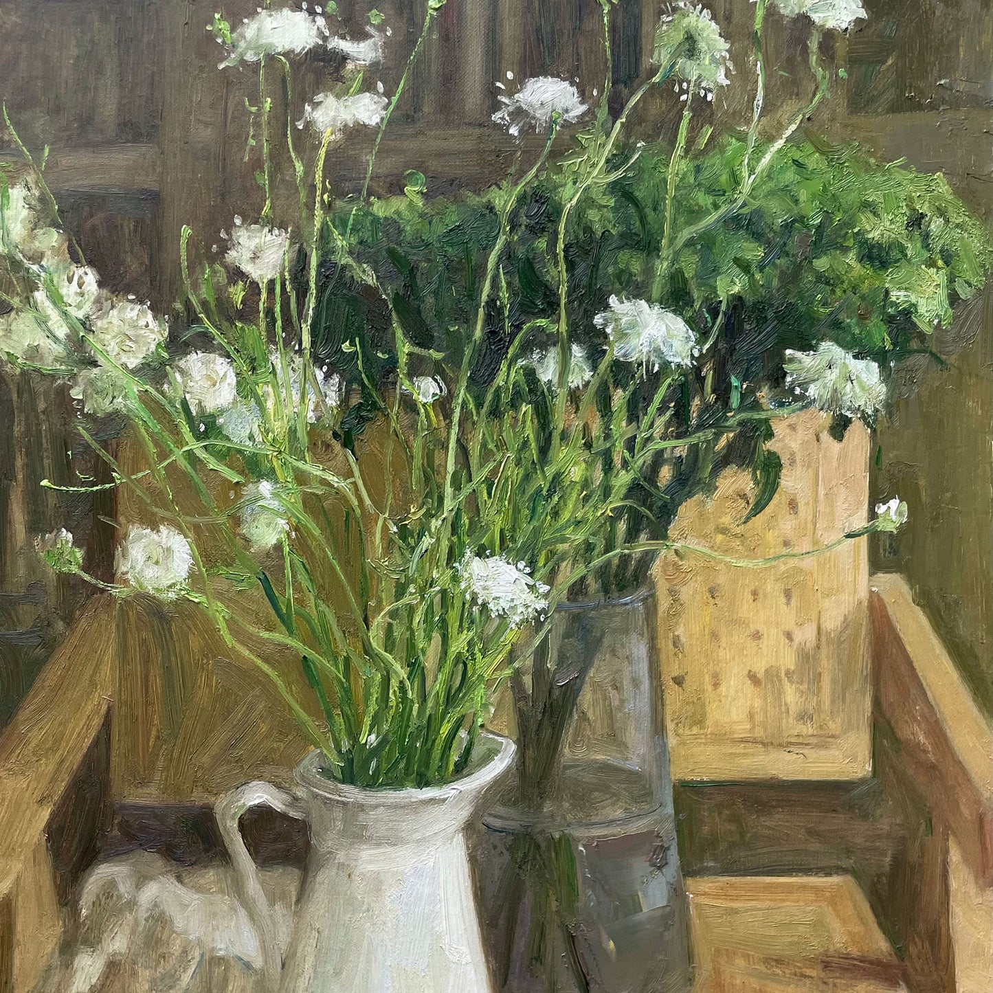 Detailed section of a glass vase filled with white flowers, revealing layered brushwork, reflections, and subtle color transitions.
