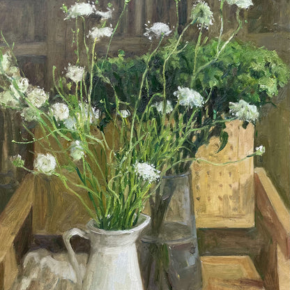 Detailed section of a glass vase filled with white flowers, revealing layered brushwork, reflections, and subtle color transitions.